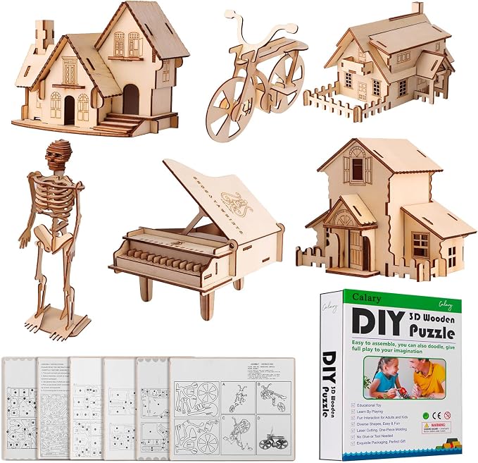 calary 3D Wooden Puzzle Simulation Animal Dinosaur Assembly DIY Model Toy for Kids and Adults,Set of 6