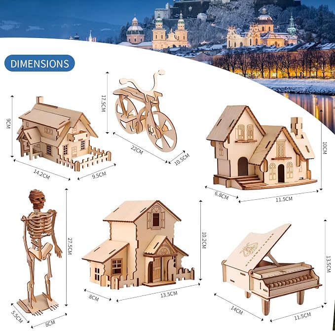 calary 3D Wooden Puzzle Simulation Animal Dinosaur Assembly DIY Model Toy for Kids and Adults,Set of 6