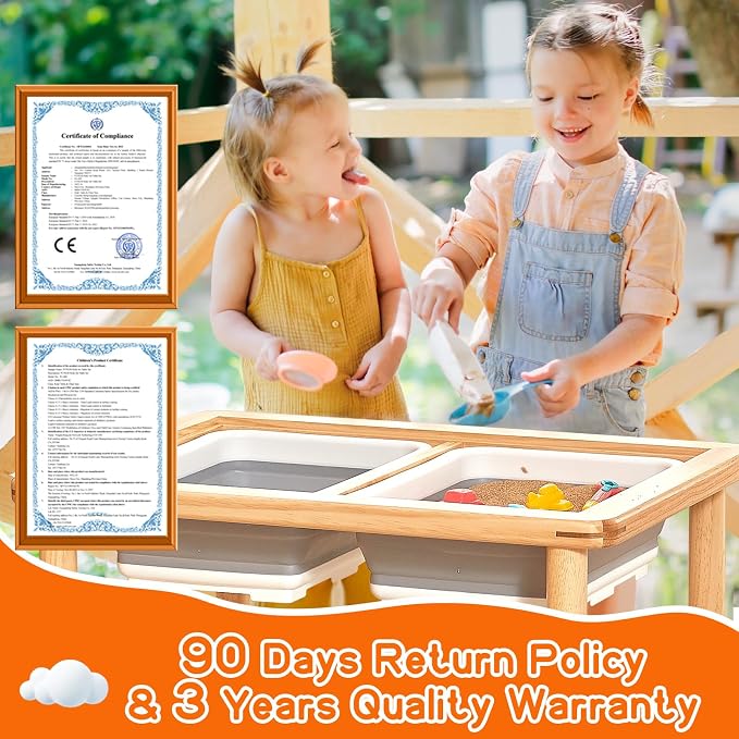 FUNLIO Wooden Sensory Table for Toddlers 1-5, 3-Level Height Adjustable Kids Activity Table with Anti-Warping Plywood Lid, Indoor/Outdoor Play Sand and Water Table, CPC Certified