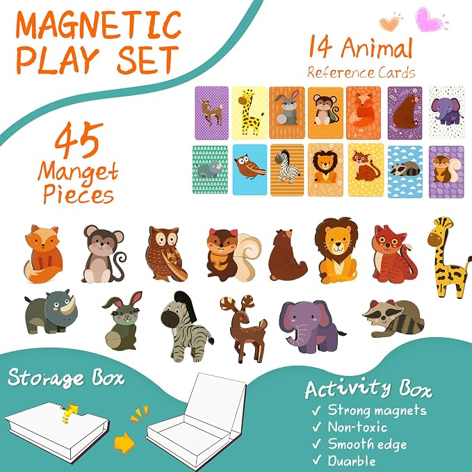 Animal Magnetic Busy Book for Toddlers, 45 Magnet Puzzles Toys | Montessori Quiet Travel Toy with 14 Activity Cards, Magnet Puzzles, Preschool Learning Game for Kids Ages 3+