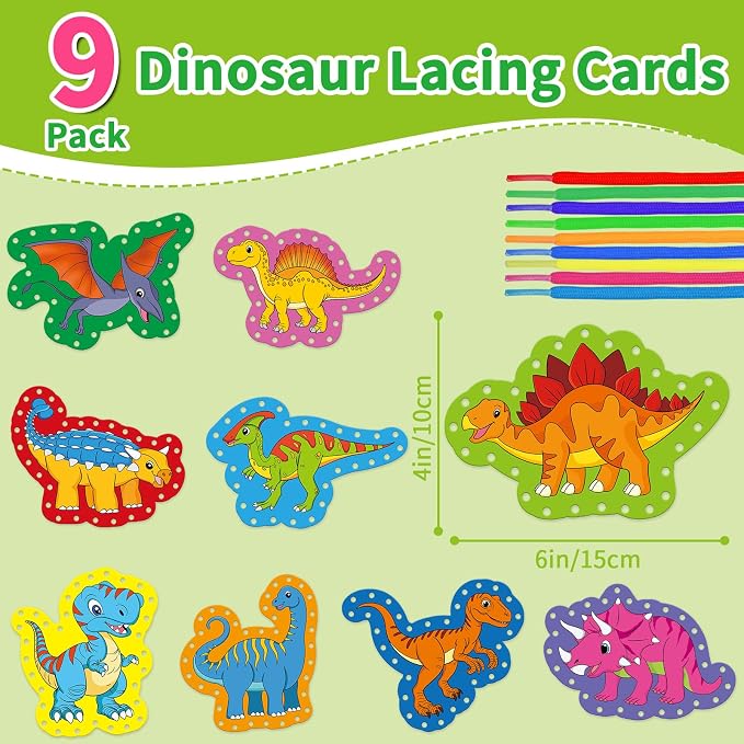 Dinosaur Lacing Cards, Sewing Kit for Kids,Fine Motor Skills Toys | 9PCS Double Side Toddler Crafts for Shoe Tying Practice,Manipulatives for Preschool Learning Activity,Classroom Must Haves