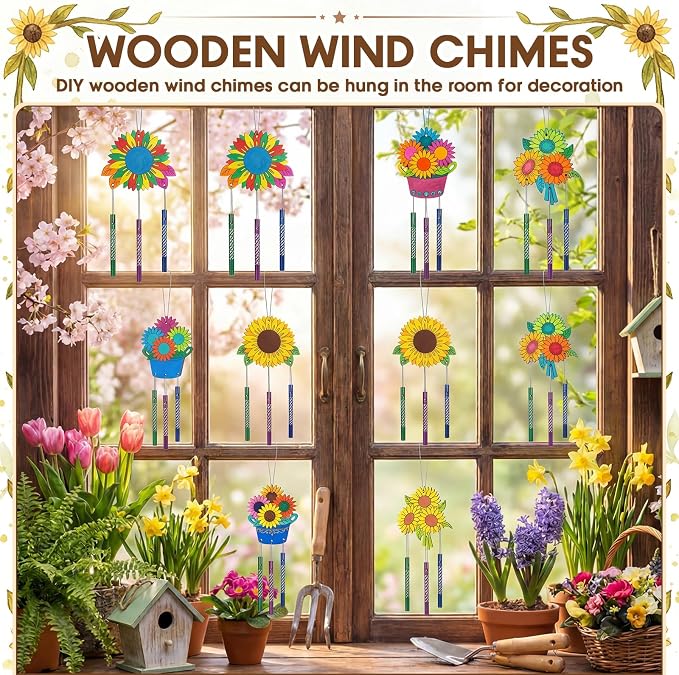 Leinuosen 30 Pcs Wind Chime Kit Make Your Own Sunflower Windchimes for Kids | DIY Windchimes Crafts Decorative Coloring Wooden Crafts for Spring Summer Party Art Activities Garden Home Patio Decorations