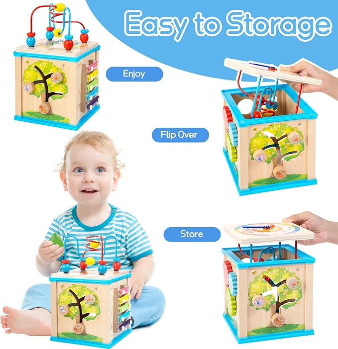WOODMAM Wooden 7-in-1 Activity Cube, Montessori Toys for 1 2 Year Old | Baby Educational Developmental Toys, One Year Old Boy Girl Birthday Gifts, Bead Maze, Xylophone, Sorting & Stacking Board