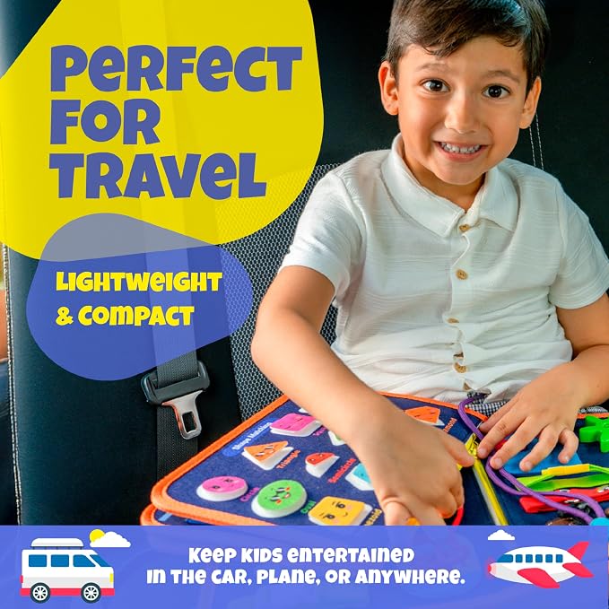Ibenji Montessori Busy Book for Kids Ages 3+ Sensory Learning Toy with Zippers, Buckles, Letters, Numbers & Puzzles – Travel Quiet Book for Airplane & Car