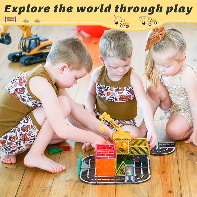 Kids Games Magnetic Tiles Road Set with Extendable Crane Magnetic Blocks | City Construction Building Toys for Toddlers STEM Preschool Ages 4-6 5-7, Gifts for 3+ Year Old Boys Girls Kids Toys with Car