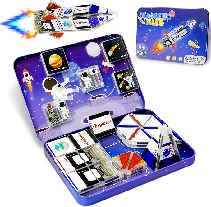 Magnetic Tiles,42PCS Magnetic Building Blocks with Metal Storage Box,Magnetic Tiles for Kids Ages 3+,Magnet Tiles for Boys & Girls（Universe）
