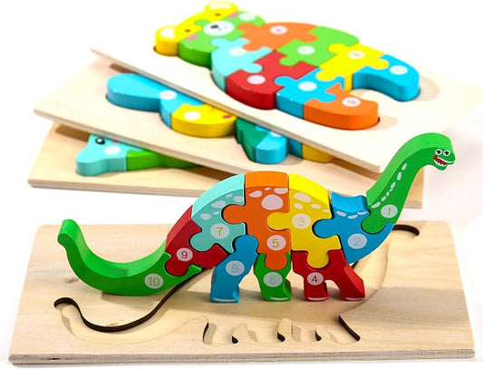 Montessori Mama Wooden Puzzles for Kids Ages 3-5, Montessori Toys for 3 Year Old, Animal Toys Ages 3+, 4-Pack Learning Puzzle