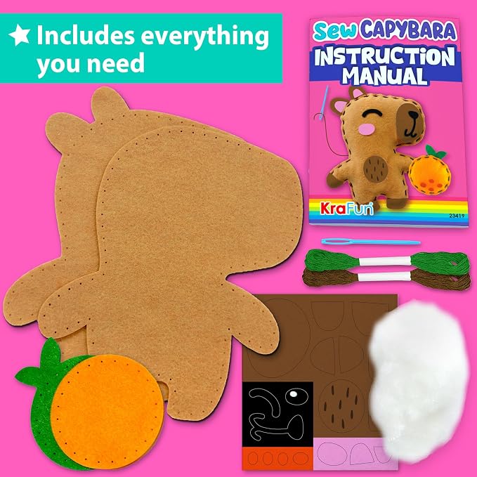 KRAFUN Beginner Sewing Kit, Sew Capybara & Orange, Pre-Cut Felt, Ages 5+ | Beginner Sewing Kit: Sew 2 Plushies, Capybara & Orange. Pre-Cut, Pre-Punched Felt, No Scissors. Safe Plastic Needle for Kids