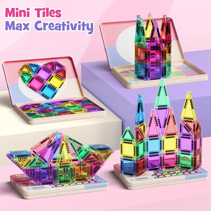 WMDXU Travel Magnetic Tiles Set : 42PCS Travel Set with Iron Box for Girls | Sensory Building Blocks, Bright Colors & Shapes Boost, Iron Box Prevents Lost Pieces, Perfect for On-the-Go Play