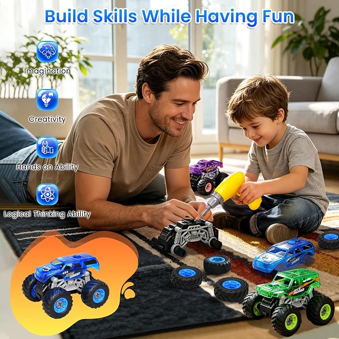 Take Apart Monster Truck Toys for Kids Age 4-7, STEM Monster Trucks | Electric Drill & Storage Box, Educational Building STEM Toys for Kids, Christmas & Birthday Gifts for Boys Girls 3-5 4-8