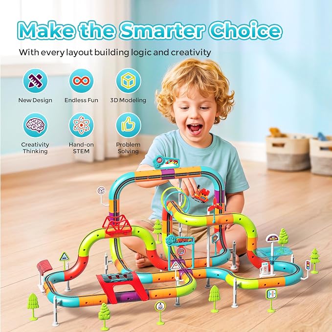 3D Electric Train Set for Kids, Gravity-Defying Track Building Toy with Lights & Sounds, Train Toy for 5 Year Old Boys