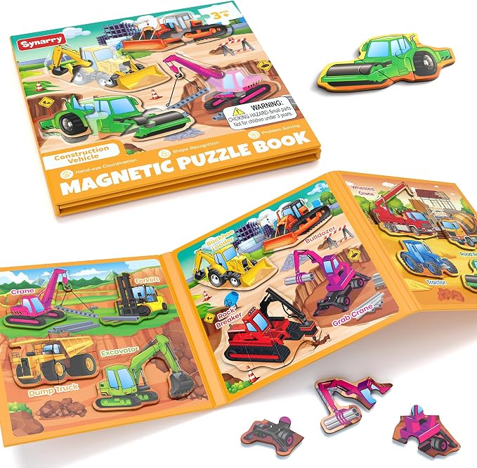 SYNARRY Construction Vehicle Toys Magnetic Puzzles for Kids Ages 3-5 | Magnetic Travel Puzzle for Kids Ages 4-6, Car Airplane Road Trip Activities, Construction Vehicle Excavator Birthday Gifts