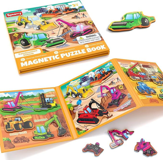 SYNARRY Construction Vehicle Toys Magnetic Puzzles for Kids Ages 3-5 | Magnetic Travel Puzzle for Kids Ages 4-6, Car Airplane Road Trip Activities, Construction Vehicle Excavator Birthday Gifts