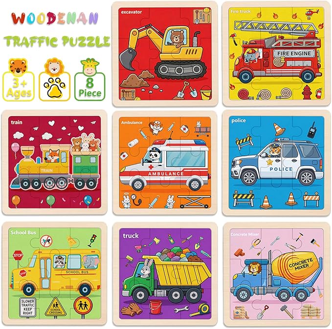 Wooden Jigsaw Puzzles for Kids Ages 3-5, 8-Pack 9-Piece Traffic Puzzles Toy | Transportation Wood Puzzles Set, Toddler Brain Teaser Toys, Gifts for Boys Girls Ages 3 4 5 6