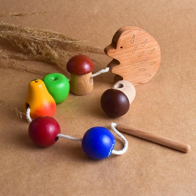 Wooden Lacing Toy Hedgehog, Montessori Baby Materials Educational Learning for Kids, Children Early Development, Unique Handmade First Birthday Gift for Boys and Girls