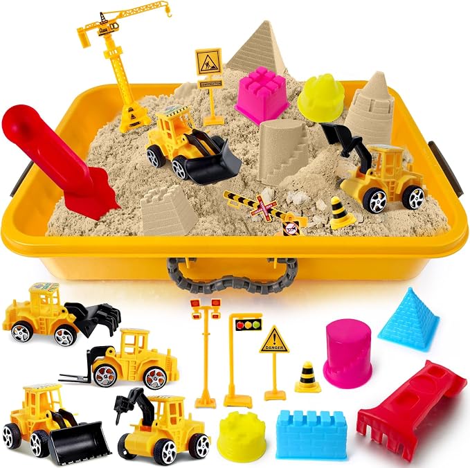 ESSENSON Construction Sensory Bin for Kids - 4LBS Magical Sand | Play Sand Kit with Toy Truck, Pretend Play Beach Sensory Toy, Sandbox, Gifts for Girls and Boys