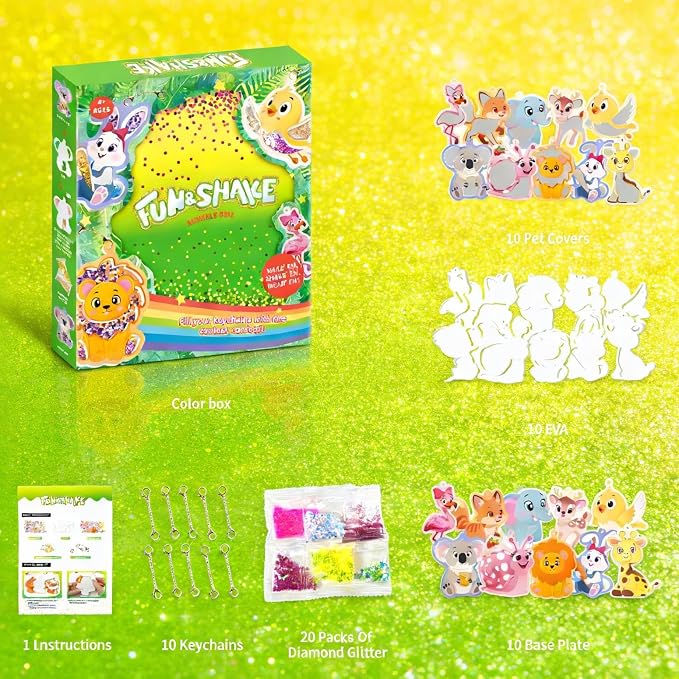 Shake-its Glitter Craft Kits for Kids, DIY Arts & Crafts with Keychains | Fun Shake Art Supplies, Animals & Flowers, Christmas Birthday Gifts for Girls & Boys Ages 4 5 6 7 8 9