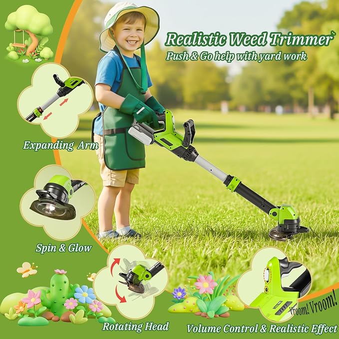 Kids Tool Set, 3-IN-1 Power Tools with Sounds & Lights, Volume, Kids Toy Weed Wacker, Leaf Blower & Hedge Trimmer, Hat, Gloves, Apron, Toy Tools Garden Outdoor Lawn Christmas Birthday Gifts for Boys