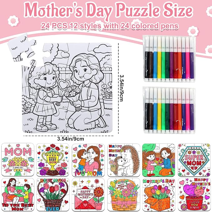 24 Set Mothers Day Crafts for Kids & Adults Classroom Bulk, Mother's Day Activities DIY Jigsaw Puzzle with Flower Bouquet Heart, Spring April Arts for School Gifts Coloring Games & Paper Toy Bulk