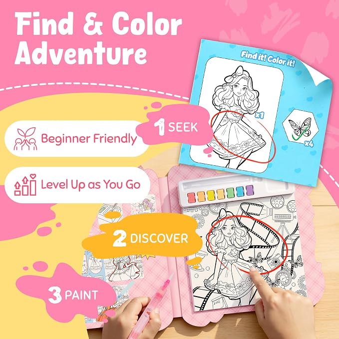 JoyCat Find & Color Paint with Water Coloring Books for Toddlers | Seek and Find Learning Activity, No Mess Princess Arts & Crafts Kids Toys Ages 3-5 & 4-8, Birthday Gifts for Boys & Girls