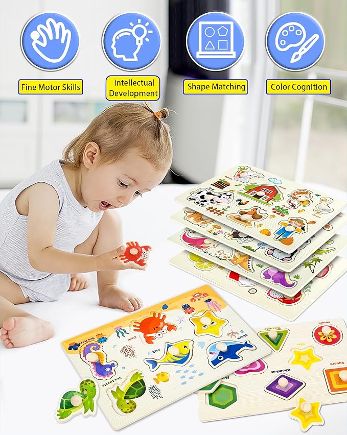 Wooden Peg Puzzles for Toddlers,Montessori Toddler Jigsaw for Child,Fine Motor Skill Learning Puzzle Toys for Baby Boys Girls Gifts-6 Pcs Shape,Farm,Sea Animal,Dinosaurs,Fruits,Animal