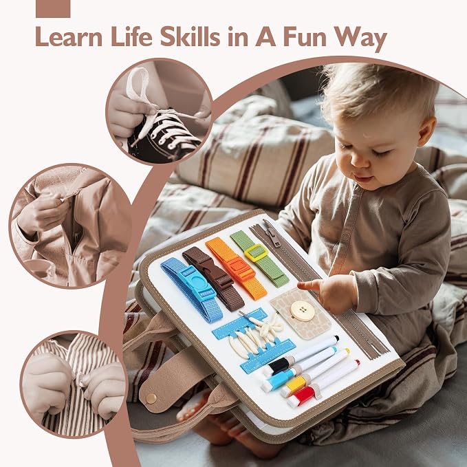 hahaland Montessori Busy Board for Toddlers Boy Travel Toys, Dinosaur | Toddler Portable Busy Book with Drawing, Alphabet, Number, Shape, Life Skills, Fine Motor Skill Toy, Birthday Gifts