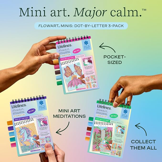 Lifelines FlowArt Mini Activity Pads, 3-Pack, Dot-by-Letter Coloring Books | 15 Markers & 60 Scenes - Guided Art Meditations for Tweens, Adults & Seniors - Dot-by-Letter - Patent-Pending
