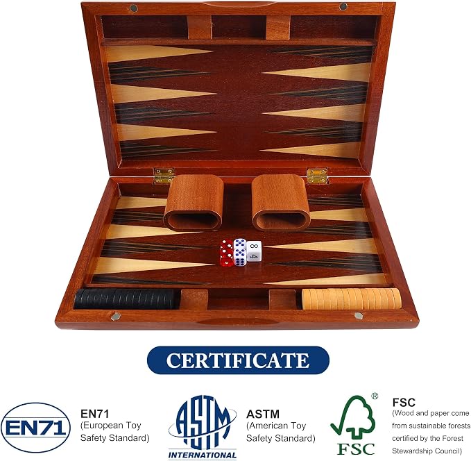 Offelec Wooden Backgammon Set for Kids, 13 Inches Backgammon Board Game Set with 32 Backgammon Pieces, 5 Dice & 2 Cups - Classic Strategy Game for Kids Adults and Family