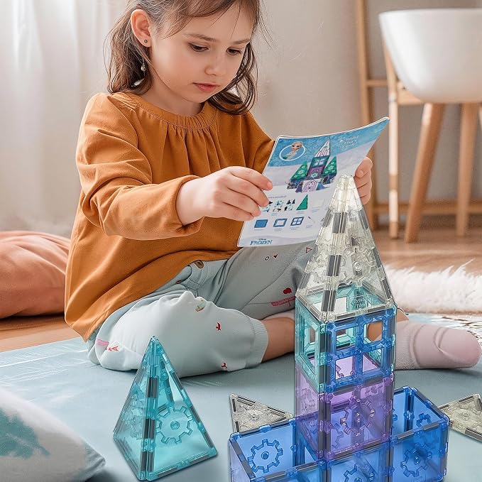 Tytan Toys Disney Frozen Magnetic Tiles Princess Castle - 41-Piece STEAM Building Set with Glitter Tiles & Elsa, Anna, Olaf Stickers - Educational Frozen Toys for Girls Age 3-4+