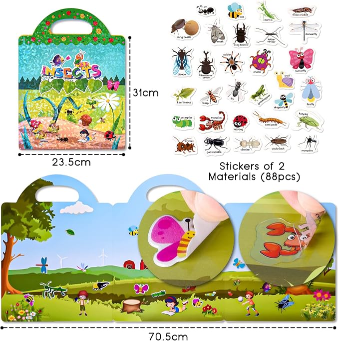 ASTARON Reusable Puffy Sticker Book，88 pcs Insects Stickers Educational Toy | 88 pcs Reusable Sticker,Waterproof Jelly Stickers, Portable Travel Toys,Educational Sensory Learning Toy,Gift for Boy Girl