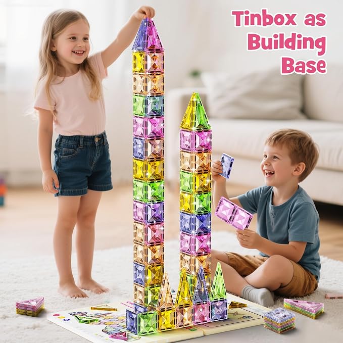 Clear Crystal Glitter Magnetic Tiles: Diamond Building Blocks for Kids | 60PCS Metal Storage Box, Compatible With Most Tile Sets, Strong Magnets, Ages 4-8, 60+ Mins Play Travel & Home Fun
