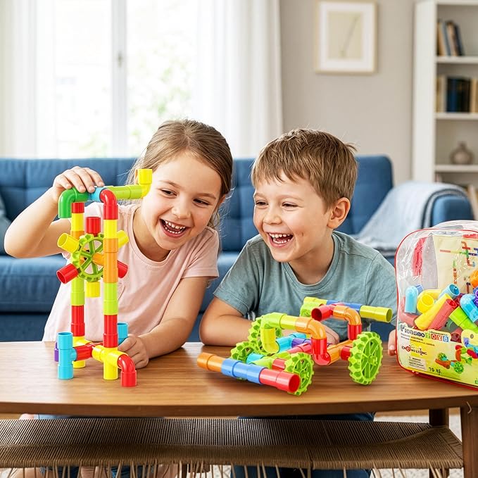 PicassoTiles 76PC STEM Pipe Building Interlocking Tube Construction Toy with Wheels and Storage Backpack Creative Educational Brain Development Learning Blocks for Kids Ages 3+ Boys and Girls PTT138