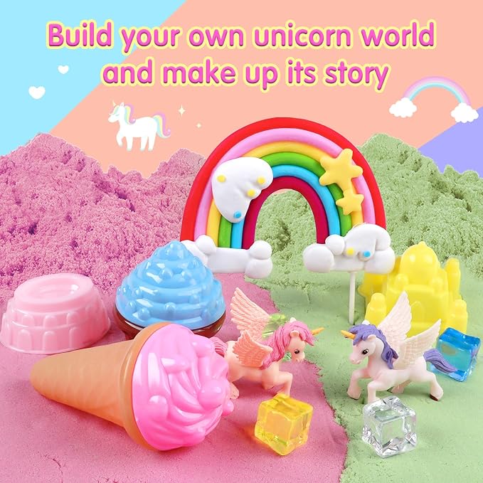 Aliex Unicorn Sensory Sand Bin for Girls, Complete Moldable Play Sand Kit | 2.2lbs colorful magic sand, castle ice cream molds, tools for creative play, sandbox with lid, birthday gifts for toddler 3-8