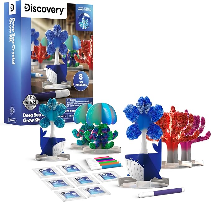 Discovery™ Deep Sea Crystal Grow Kit – 32-Piece STEM Chemistry Lab for Kids| Grow Colorful Crystals on 8 Sea Creatures| Educational Craft Kit with Art Supplies| DIY Science Activity Set Gift| Ages 8+