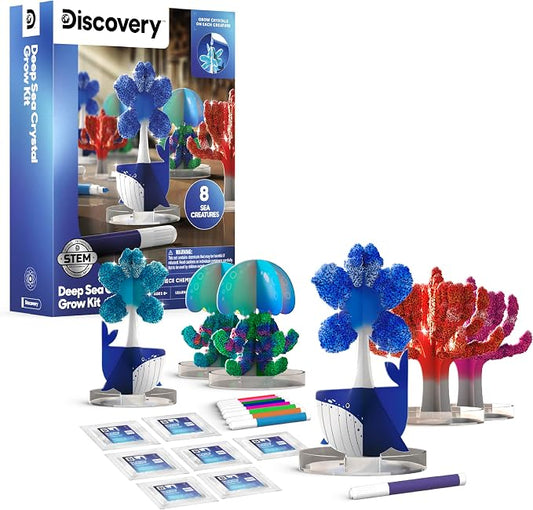 Discovery™ Deep Sea Crystal Grow Kit – 32-Piece STEM Chemistry Lab for Kids| Grow Colorful Crystals on 8 Sea Creatures| Educational Craft Kit with Art Supplies| DIY Science Activity Set Gift| Ages 8+