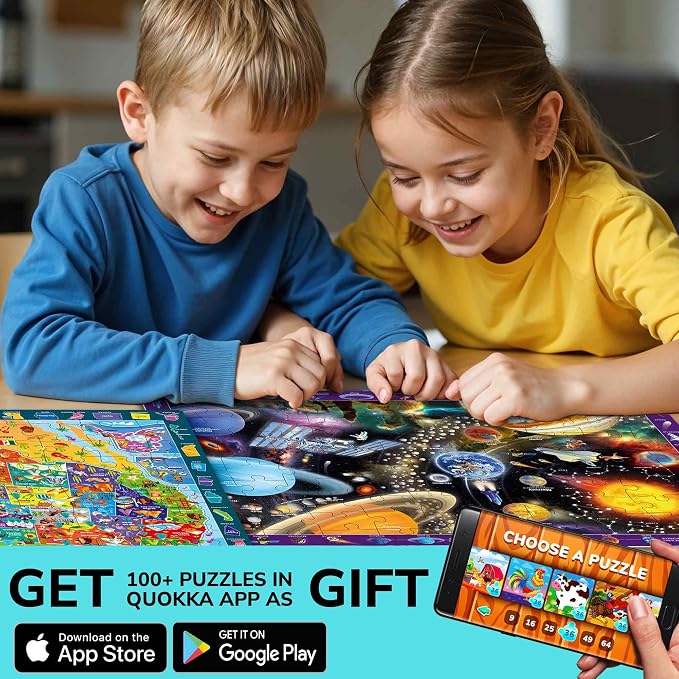 100 Piece Puzzles for Kids Ages 6-8 - 3 Jigsaw Kids Puzzles Ages 4-6 | Learning United States, World Map, Space - Toddlers Puzzles for Ages 5-8 - Kids Puzzles Ages 8-10-12 Year Old Educational