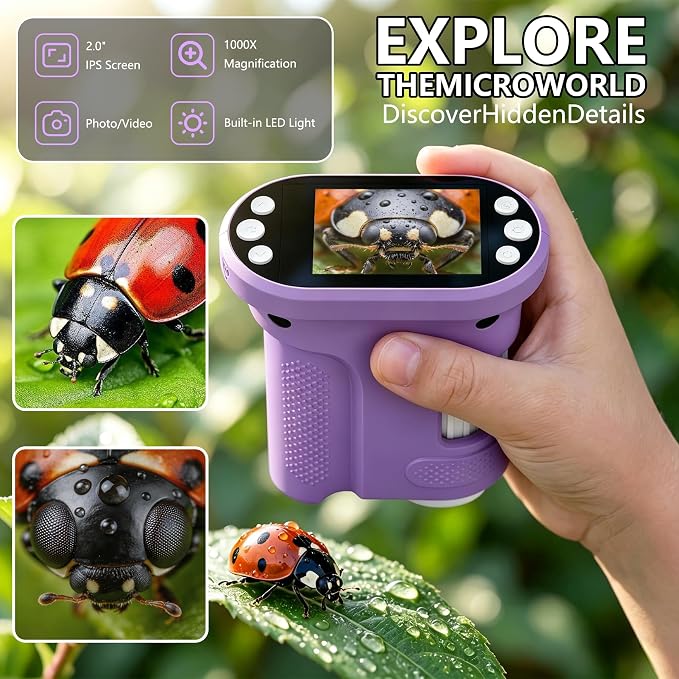 Kids Digital Microscope, 1000X Handheld Pocket Microscope STEM Science Toy | 2.0" IPS Screen, 8 LED Lights, Photo & Video Capture, Rechargeable Design, Educational STEM Gift for Kids Ages 3-12