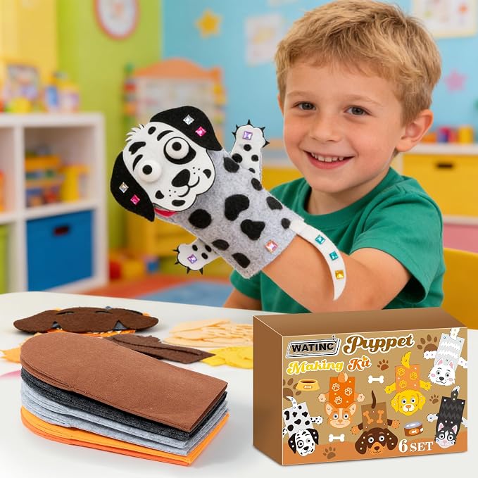 WATINC Hand Puppet Making Kit, Felt Sock Puppet Toys for Kids (Dog A) | 6 Styles, Make Your Own Storytelling & Role Play Crafts, Creative Group Activity, Party Favors & Gifts for Kids Ages 4-8