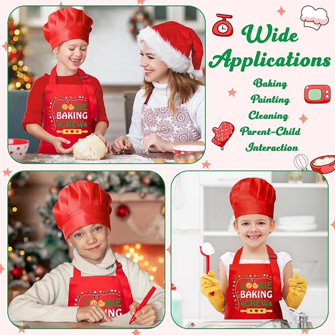 R HORSE 2 Pieces Christmas Kid Apron and Chef Hat Set, Pretend Play Toy | Xmas Red Cookie Baking Crew Adjustable Children Kitchen Apron, Ideal for Cooking, Baking, Painting, Birthday Christmas Gift