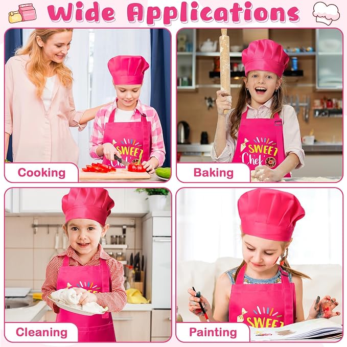 R HORSE 2 Pieces Kid Apron and Chef Hat Set, Dress up Pretend Play Toy | Rose Red Sweet Chef Adjustable Children Kitchen Apron for Girl, Ideal for Cooking, Baking, Painting, Cooking Birthday Gift