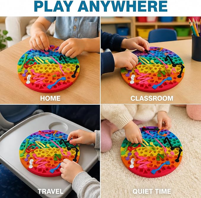 2 Pack Sensory Activity Board, Stress Relief Silicone Quiet Toddler Sensory Toy, Silicone Sensory Activity Board, ADHD & Autism Sensory Toys for Kids & Adults |with a Travel Bag & 24 Strin(C)
