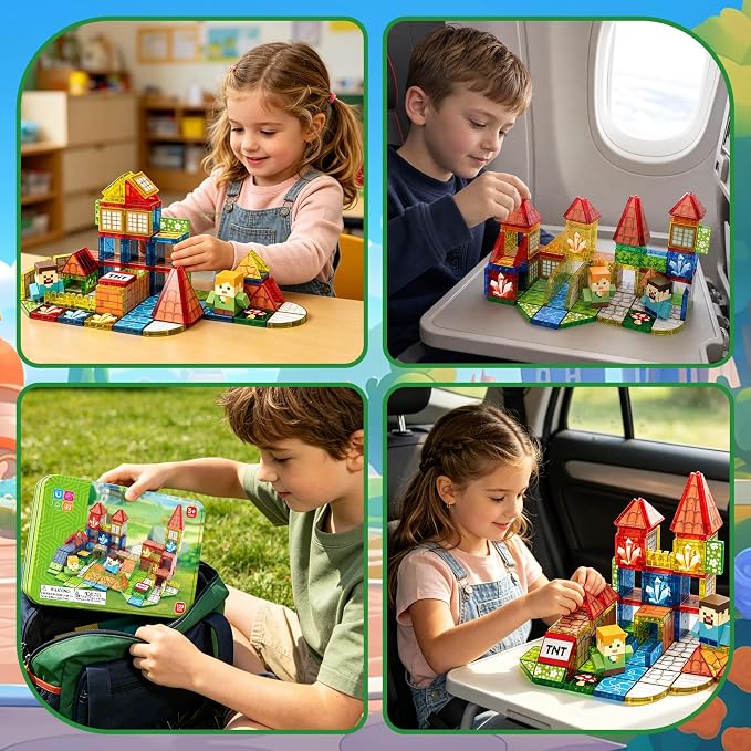 JIMI Mini Magnetic Tiles, 100pcs Magnetic Blocks Travel Set for Kids Age 3+ | Mini Magnetic Tiles with Metal Box for Boys Girls 4-8, Birthday Party Supplies Gift, STEM Building Toys Outdoor Indoor
