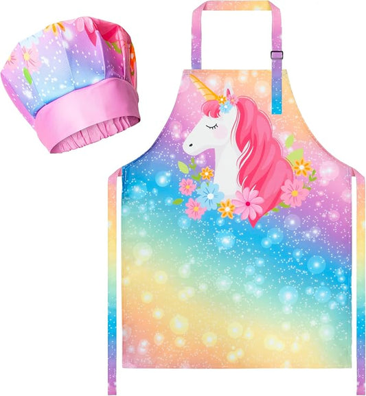 R HORSE 2 Pieces Kid Apron and Chef Hat Set, Dress up Role Play Chef Toy | Magic Horse Adjustable Children Kitchen Apron for Girl, Ideal for Cooking, Baking, Painting, Training, Cooking Birthday Gift