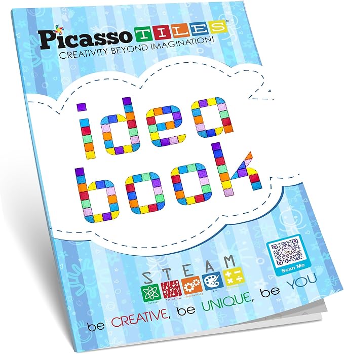 PicassoTiles Magnetic Tile Idea Book, 300 Builds Illustrated Guide, Ages 3+ | 230 pages, bright step-by-step visuals, difficulty scale, STEM skills, race track and marble run inspiration, screen-free fun