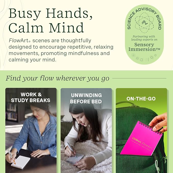 Lifelines FlowArt Mini Activity Pads, 3-Pack, Dot-by-Letter Coloring Books | 15 Markers & 60 Scenes - Guided Art Meditations for Tweens, Adults & Seniors - Dot-by-Letter - Patent-Pending