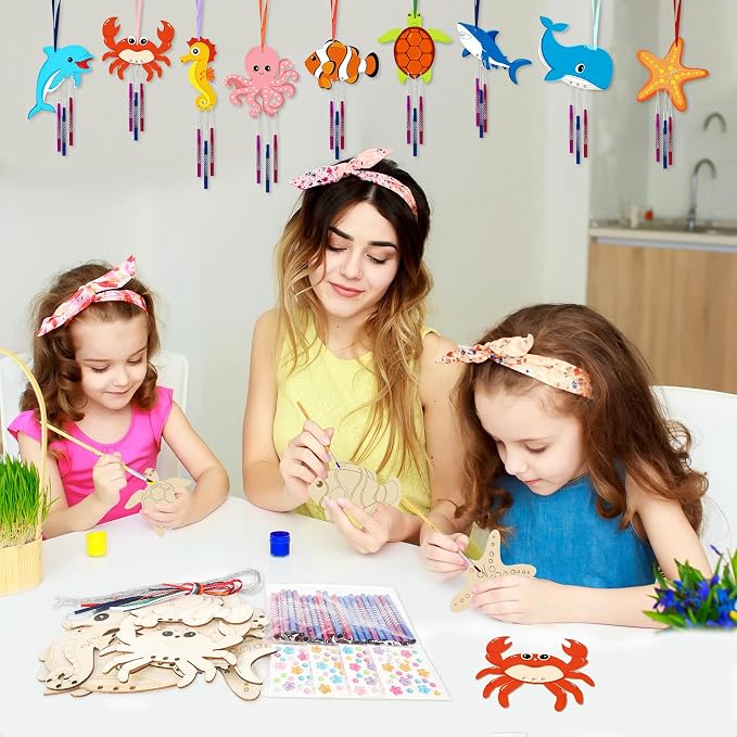 Wooden Ocean Animals Wind Chime Kit Make Your Own Sea Animal Crafts Coloring DIY Wind Chime kit for Summer Activities Birthday Favor School Home Art Party Decorations 9 Pack