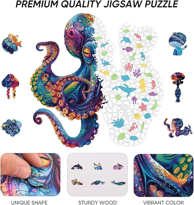 Qiuenisray 500 Piece Puzzles for Adults, Wooden Octopus Jigsaw Puzzles | FSC Certified Cool Puzzles, Unique Shape Ocean Puzzle Piece, Wall Decor, Wood Creative Gift for Family Game 16.9x16.9 in