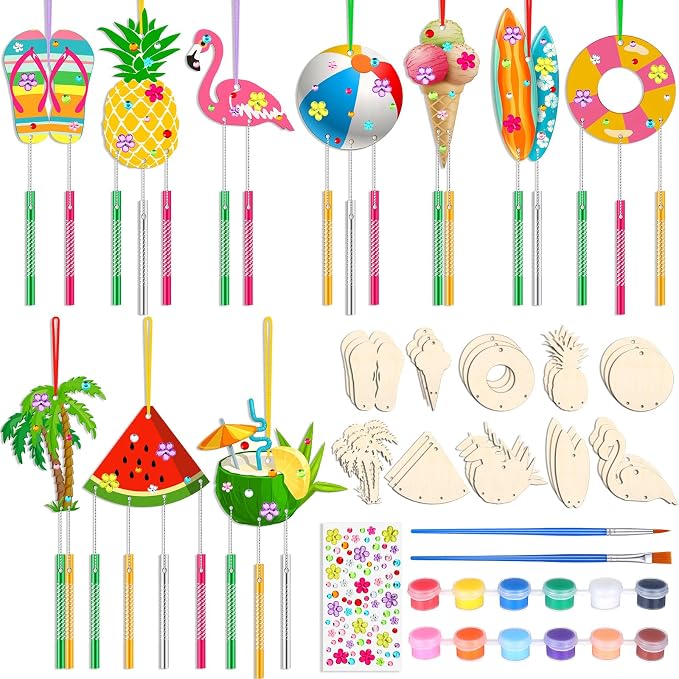 30 Pack Summer Crafts for Kids DIY Wind Chime Kit Wood Paint | Beach Shapes Pineapple Flamingo Ice Cream Watermelon, Paint Brushes Stickers Included, Classroom Birthday Party Activities