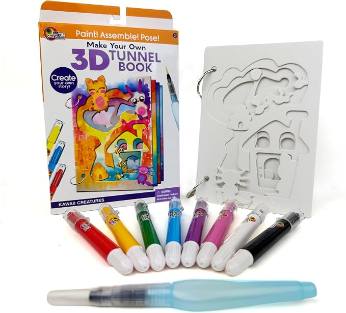 EyeConnect Crafts Kawaii Mini 3D Tunnel Book – Hands-on Paper Craft Kit | Build, color & create a pop-in book! Mini animals, watercolor pastels & water brush included. Portable, screen-free fun! 3+