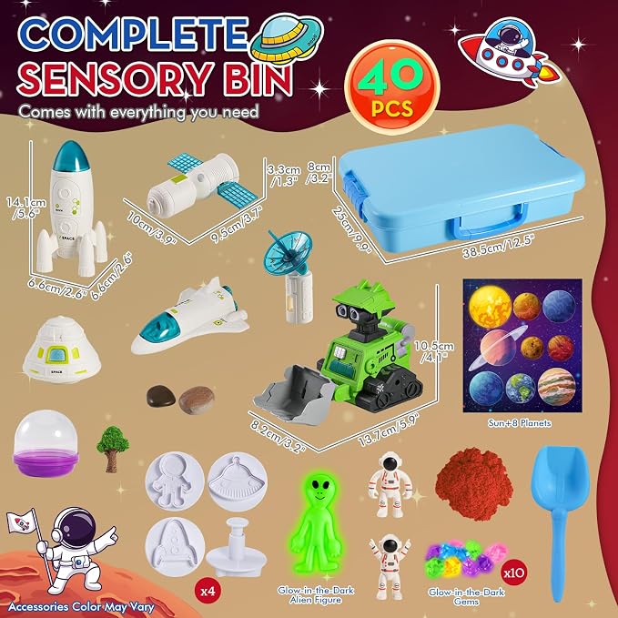 KNASON Outer Space Sensory Bin with Glow in The Dark Alien and Gems for Boy | 2.2lbs Sensory Play Sand Kit, Sandbox with Lid, Planets and Space Toys, Bulldozer, Gift for Kids Ages 3-8, Indoor and Outdoor